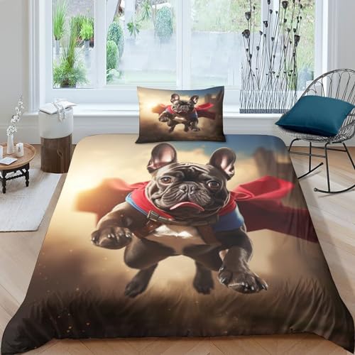 3D Französische Bulldogge Bettwäsche Fliegender Hund Bettbezug Set Weiche Mikrofaser Bettdecke Decken Kissenbezug 2 Teilig Mit Reißveschluss Für Jugendliche Kinder Schlafzimmer Single（135x200cm） von VesFy