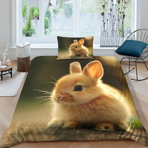 3D Niedlicher Hase Druck Bettbezug Set Microfaser 2 Teilig Kunst-Tiere Bettwäschegarnitur Reissverschluss Mit Kopfkissenbezug Für Jugendliche Kinder Schlafzimmer Bettdecke Decken Single（135x200cm） von VesFy