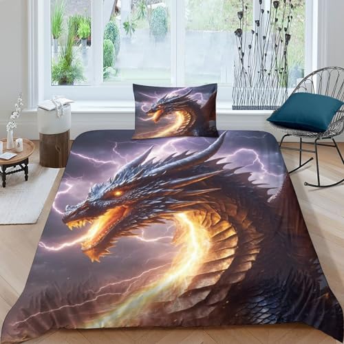 VesFy 2 Teiliges Drache Bettwäsche Set Aus Weicher 3D Blitz Druck Mikrofaser Mit Reißverschluss Für Jungen Mädchen Und Erwachsene Single（135x200cm） von VesFy