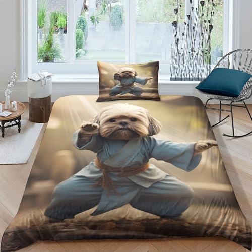 VesFy 2 Teiliges Kung Fu Hund Bettwäsche Set Aus Weicher 3D Kunst Haustiere Druck Mikrofaser Mit Reißverschluss Für Jungen Mädchen Und Erwachsene Single（135x200cm） von VesFy