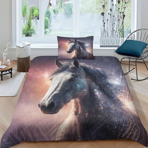 VesFy 2 Teiliges Universum Bettwäsche 3D Druck Set Aus Weicher Cooles Pferd Mikrofaser Mit Reißverschluss Für Jungen Mädchen Und Erwachsene Single（135x200cm） von VesFy