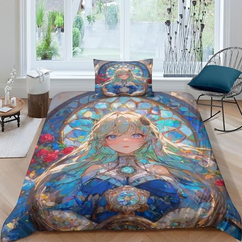 VesFy 3D Anime Mädchen Bettwäsche Bettbezug Set Kissenbezug Schönes Mädchen 2 Teilig Weiche Mikrofaser Für Jugendliche Kinder Schlafzimmer Für Jugendliche Kinder Schlafzimmer Single（135x200cm） von VesFy