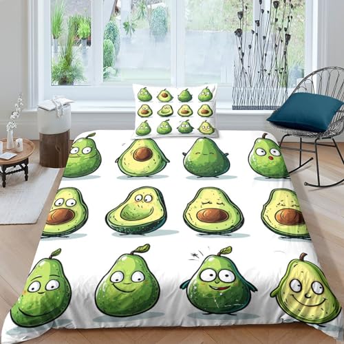 VesFy 3D Avocado Bettwäsche Set AR Früchte Bettbezug Schlafkomfort Und Kissenbezug Mit Reißverschluss Weiche Microfaser 2 Teilig Für Jugendliche Kinder Schlafzimmer Single（135x200cm） von VesFy