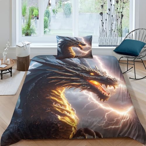 VesFy 3D Bettwäsche Mikrofaser Drache Duvet Cover Set 2 Teilig 2 Pieces Blitz Bettbezug with Zip Closure Für Jugendliche Kinder Schlafzimmer Single（135x200cm） von VesFy