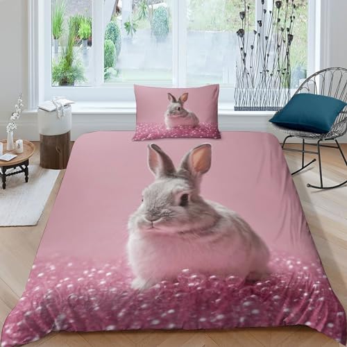 VesFy 3D Bettwäsche Mikrofaser Niedliches Kaninchen Duvet Cover Set 2 Teilig 2 Pieces Haustier-Häschen Bettbezug with Zip Closure Für Jugendliche Kinder Schlafzimmer Single（135x200cm） von VesFy