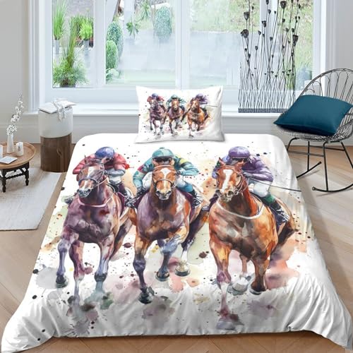 VesFy 3D Bettwäsche Mikrofaser Rennpferd Duvet Cover Set 2 Teilig 2 Pieces Kunst-Tiere Bettbezug with Zip Closure Für Jugendliche Kinder Schlafzimmer Single（135x200cm） von VesFy