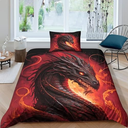 VesFy 3D Böser Drache Bettwäsche Bettbezug Set Kissenbezug Fantasie Animals 2 Teilig Weiche Mikrofaser Für Jugendliche Kinder Schlafzimmer Für Jugendliche Kinder Schlafzimmer Single（135x200cm） von VesFy