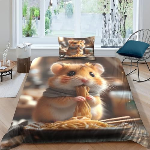 VesFy 3D Druck Fressende Hamster Bettbezug Set Deluxe Microfaser 2 Teilig Niedliche Tiere Bettwäschegarnitur Mit Kissenbezüg Reissverschluss Für Jugendliche Kinder Schlafzimmer Single（135x200cm） von VesFy