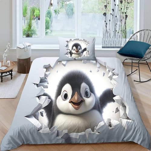 VesFy 3D Kunst Pinguin Bettwäsche Weiche Mikrofaser Künstlerische Tiere Bettbezug 2 Teilig Bettdecke Decken Mit Reißverschluss Und Kissenbezug Für Jugendliche Kinder Schlafzimmer Single（135x200cm） von VesFy