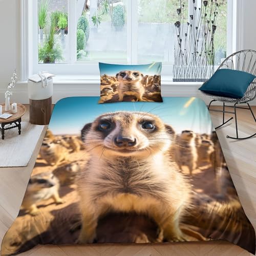 VesFy 3D Niedliches Erdmännchen Druck Bettbezug Set Microfaser 2 Teilig Kunst-Tiere Bettwäschegarnitur Reissverschluss Mit Kopfkissenbezug Für Kinder Schlafzimmer Bettdecke Decken Single（135x200cm） von VesFy