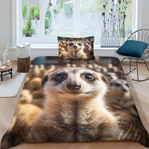 VesFy Bettbezug Set Niedliches Erdmännchen 2 Teilig Für Kinder Und Erwachsene Weiche Mikrofaser 3D Kunst-Tiere Druck Mit Reißverschluss Für Jugendliche Kinder Schlafzimmer Single（135x200cm） von VesFy