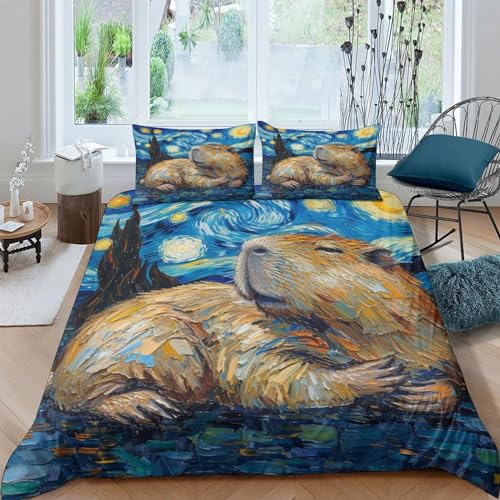 VesFy Bettwäsche 3D Kunst Capybara Druck Deluxe Kunst-Tiere Bettbezug Weich Mikrofaser 3 Teilig Mit Reißverschluss Und Kissenbezug Für Jugendliche Kinder Schlafzimmer King（220x240cm） von VesFy