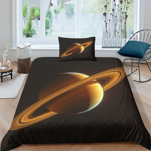 VesFy Bettwäsche Set 3D Planet Saturn Druck Bettdecke Decken Weiche Microfaser Saturn Bettbezug Und Kissenbezug Mit Reißverschluss Für Jugendliche Kinder Schlafzimmer Single（135x200cm） von VesFy