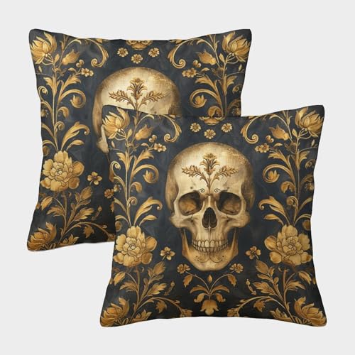 VesFy Goldener Totenkopf Kits Kissenbezug 2er-Set Kissenhülle Mit Unsichtbarem Reißverschluss Kissen Fall Menschliches Skelett Kissenbezüge Für Schlafzimmer Wohnzimmer Sofa 40x40cm von VesFy
