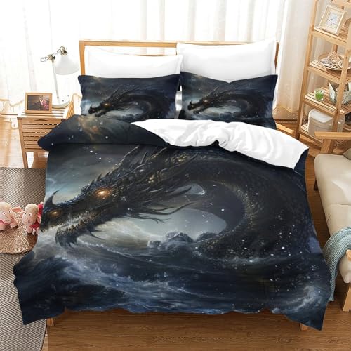 VesFy Mikrofaser Dunkle Drachen Bettwäsche Set Microfaser Für Jugendliche Kinder Schlafzimmer 3D Druck Fantasie-Tiere Bettbezug 3 Teilig Mit Reißverschluss Und Kissenbezug Single（140x200cm） von VesFy