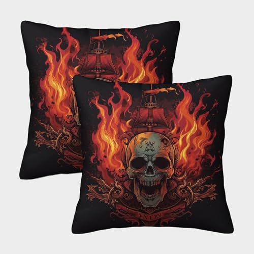 VesFy brennender Totenkopf Kissenbezug 2er Set Dekokissen Kissenhülle Mit Unsichtbarem Reißverschluss Couchkissen Bezug Menschliches Skelett Kissenbezüge Für Schlafzimmer Sofa Wohnzimmer 40x40cm von VesFy