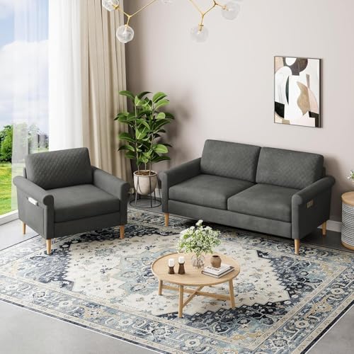 Vesgantti 164cm Stoff Sofa Sets, 2 Sitzer Sofa und Einzelsofa mit bilateralen Tasche Lagerung und abnehmbare Kissen, Perfekt für Wohnzimmer, Schlafzimmer und Büro, Werkzeuglose Montage von Vesgantti