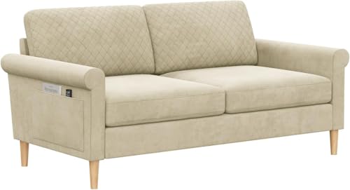 Vesgantti 2 Sitzer Sofa, 164cm Stoff Doppelsofa mit beidseitigen Taschen, Sofa mit Kissen Montage ohne Werkzeug für Wohnzimmer, Schlafzimmer, Büro, kleinen Raum 164L*76D*85H cm, Beige von Vesgantti