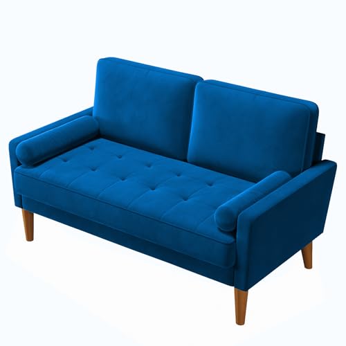 Vesgantti Couch 2 Sitzer, Samt Kleines Sofa mit 2 Wurfkissen, Modern Mini Sofa, Getuftetes Kleine Couch für Wohnzimmer/Schlafzimmer/Büro/Wohnung, 121x 77 x 87cm, Blau von Vesgantti