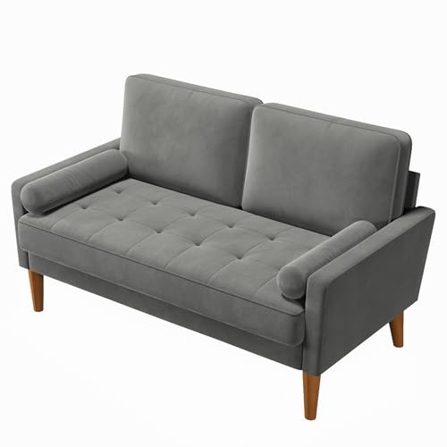 Vesgantti Couch 2 Sitzer, Samt Kleines Sofa mit 2 Wurfkissen, Modern Mini Sofa, Getuftetes Kleine Couch für Wohnzimmer/Schlafzimmer/Büro/Wohnung, 121x 77 x 87cm, Grau von Vesgantti