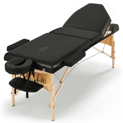 Vesgantti Massageliege 3 Zonen Portable Massagetisch Massageliege klappbar höhenverstellbare Holz Massagebett inkl. Zubehör Kopfstütze, Armlehne Tragetasche für Reiki Therapie Salon (schwarz) von Vesgantti