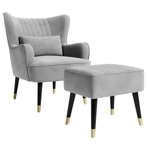 Vesgantti Samt Sessel Set, Moderne Relaxsessel mit Hocker und Holzbein, Loungesessel mit Armlehnen, Ohrensessel für Wohnzimmer Schlafzimmer Hocker und Sessel Werden separat versandt von Vesgantti