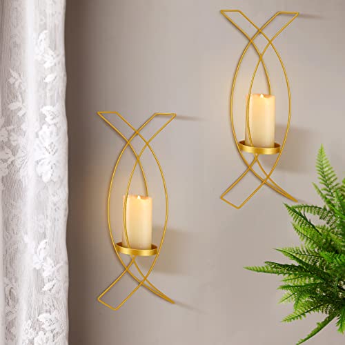Kerzenleuchter Set mit Zwei Metall Wandleuchter Kerzenhalter Wandmontage Wandleuchter Dekorative Eisen Kerzenhalter für Wohnzimmer Schlafzimmer Esszimmer Wanddekorationen (Gold) von Vesici