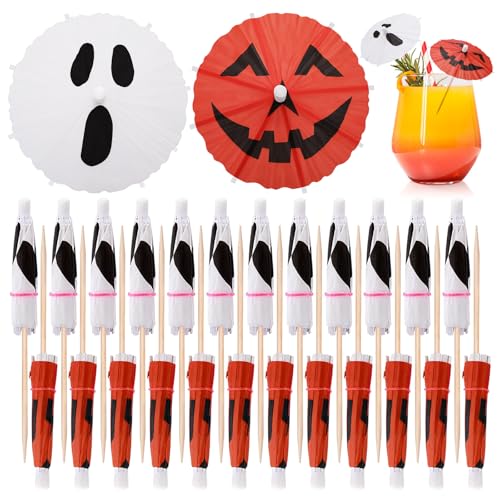 Vesici 100 Stück Halloween-Getränke-Regenschirme, Cocktail-Picker, Cocktail-Zahnstocher, Vorspeisen, Bambus-Sonnenschirm, Picks für Getränke, Cupcake-Topper, Halloween, Party, Restaurant, Dekorationen von Vesici