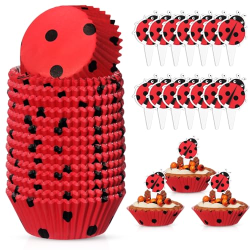 Vesici Cupcake-Förmchen und 200 Stück Cupcake-Aufsätze, runde Backförmchen, fettdicht, Muffineinlagen für Abschlussfeier, Hochzeit, Babyparty, Geburtstag, Motto-Party-Zubehör (Ladybug), 200 Stück von Vesici