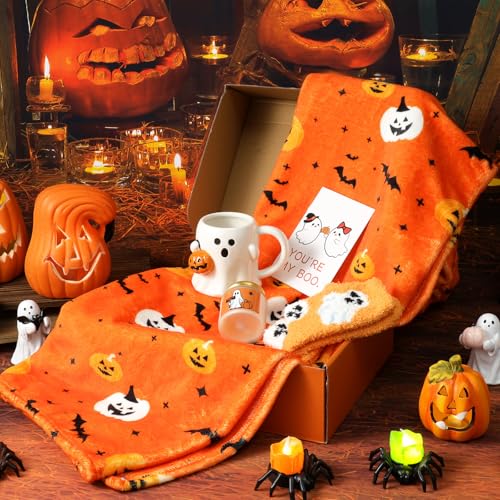 Vesici Halloween-Boo Korb Geschenke für Erwachsene Frauen Halloween Kürbis Korb Stuffer für Frauen Geist Tasse Kürbis Decke Duftkerze Niedliche Boo Geschenke für Ihre Familie von Vesici