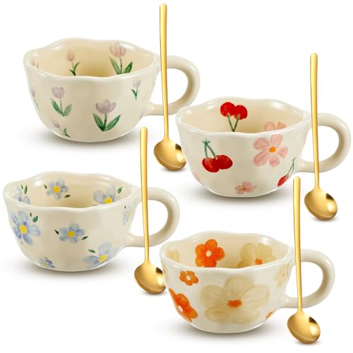 Vesici Kaffeetassen-Set mit niedlichem Keramik-Blumenmotiv, 4 Stile, 142 ml, Vintage-Stil, ästhetisches Porzellan, Blumenmuster, Tee-/Kaffeetasse mit Griff, spülmaschinenfest, mikrowellengeeignet, für Vesici Kaffeetassen-Set mit niedlichem Keramik-Blumenmotiv, 4 Stile, 142 ml, Vintage-Stil, ästhetisches Porzellan, Blumenmuster, Tee-/Kaffeetasse mit Griff, spülmaschinenfest, mikrowellengeeignet, für von Vesici