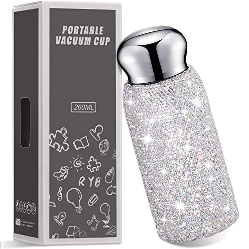 Vesici Strass-Wasserflasche, glitzernde Diamant-Wasserflasche für Damen, Edelstahl, Thermobecher, Glitzer, nachfüllbar, isolierter Becher für Frauen, Geschenke, 260 ml (weiß) von Vesici