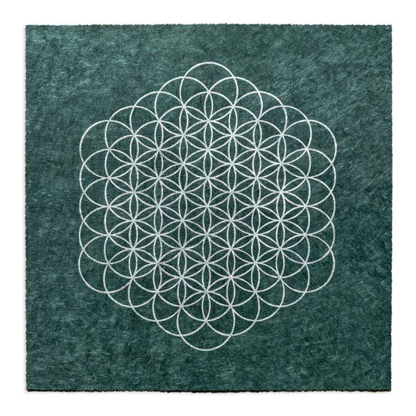 Veskor Cassiopeia BLUME DES LEBENS Heilige Geometrie Linoldruck | 35 × 35 cm | Silber auf Smaragdgrün von Veskor Cassiopeia