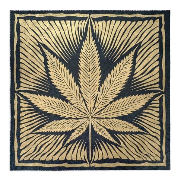 Veskor Cassiopeia CANNABIS BLATT Marihuana Pflanzen Linoldruck | 40 × 40 cm | Bronze auf Schwarz von Veskor Cassiopeia