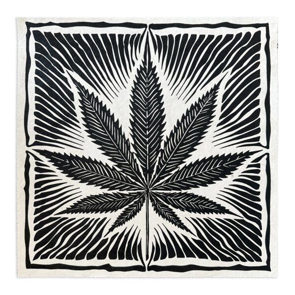 Veskor Cassiopeia CANNABIS BLATT Marihuana Pflanzen Linoldruck | 40 × 40 cm | Schwarz auf Naturweiß von Veskor Cassiopeia