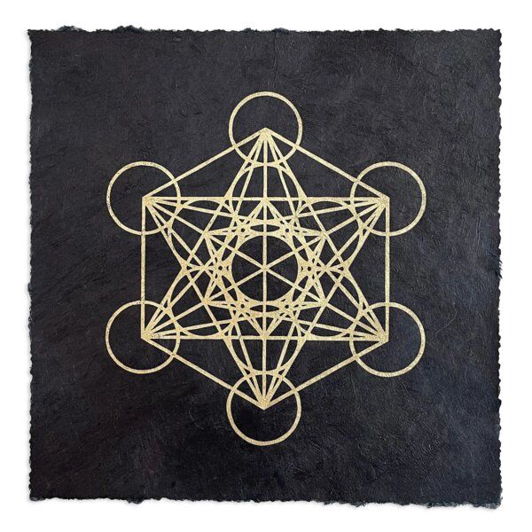 Veskor Cassiopeia METATRON WÜRFEL Heilige Geometrie Linoldruck | 21,5 × 21,5 cm | Gold auf Schwarz von Veskor Cassiopeia