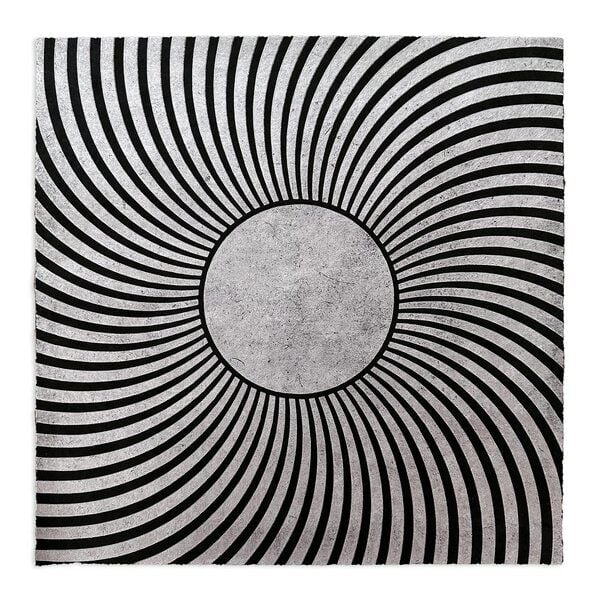 Veskor Cassiopeia PSYCHEDELIC SUN Op-Art Linoldruck | 40 x 40 cm | Silber/Amethyst auf Schwarz von Veskor Cassiopeia