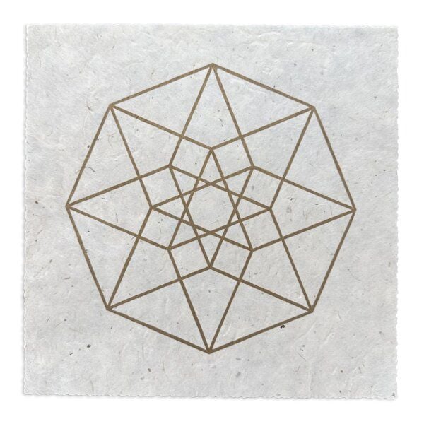 Veskor Cassiopeia TESSERAKT HYPERCUBE Heilige Geometrie Linoldruck | 22 × 22 cm | Gold auf Naturweiß von Veskor Cassiopeia