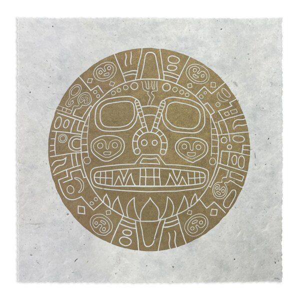 Veskor Cassiopeia TIKI VIRACOCHA Heilige Geometrie Linoldruck | 22 × 22 cm | Gold auf Naturweiß von Veskor Cassiopeia