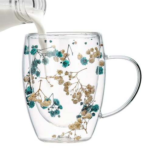Vesone Doppelwandige Glastasse Mit Trockenblumen, Neuartige Isolierte Kaffeetassen Mit Dekorativen Blumen, Niedliche Teetassen Aus Glas Mit Anti-Verbrühungs Griffe, Doppelwandige Glasbechertasse von Vesone