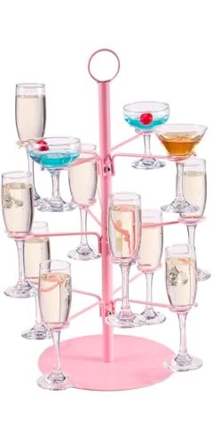 Cocktailbaumständer, Weinglas-Flugprobierdisplay für Getränke, 3 Ebenen – 12 Halter Champagnerturm Ständer für Champagner, Cocktails, Martini, Margarita-Tassen bei Hochzeiten, Brautparty (Rosa) von Vessena