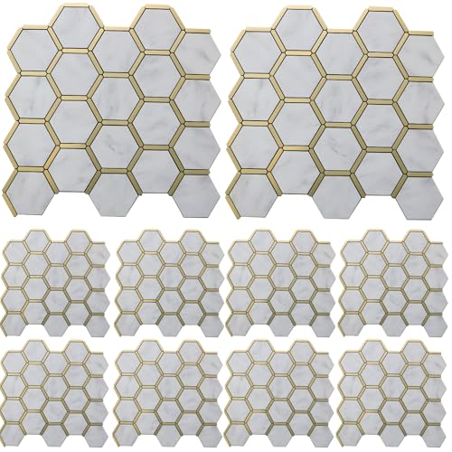Selbstklebende sechseckige Fliesenrückwand, wasserdicht, abziehen und aufkleben, PVC, weißer Marmoreffekt mit goldenen Akzenten, einfache Installation, hitzebeständig für TV-Wand, Badezimmer, Küche von Vestamore