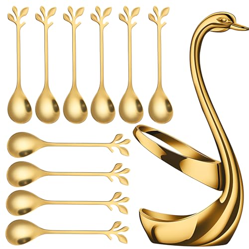 Vestamore Goldfarbenes Dessertlöffel-Set aus Edelstahl mit 10 Gabeln und Schwanenfrucht-Pickbecher, eleganter schwanenförmiger Ständer, kreative Zweiggriffe, perfekt für Obst und Süßigkeiten, ideal von Vestamore