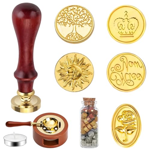 Vintage Wachssiegel-Set mit 6 einzigartigen Messingstempeln, Holzgriff, Siegelwachs für Karten, Briefe und Geschenke in einer Rosen-Schmetterlings-Box von Vestamore
