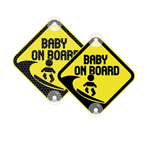 Vesvory Baby an Bord Surf Aufkleber für Autos, reflektierende PVC Auto Aufkleber mit Saugnäpfen Doppelseitiges Baby an Bord Reflektierende Auto Aufkleber, 4.72x4.72 in (Reflektierende Gelb) von Vesvory