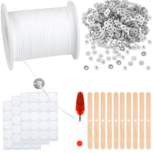 6100cm Kerzendocht Dochte für Kerzen Weiß Candle Wick Kerzendochte Für Kerzen Kerzen Docht Set mit 100 Stück Dochthalter 120 Pcs Docht Aufkleber 5 Pcs Holzfixierer 1 Schere für DIY Kerzenherstellung von Veszoen