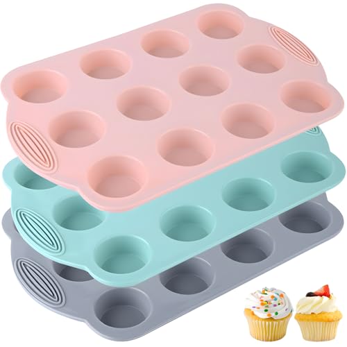 Veszoen 3er-Pack Muffinform aus Silikon für 12 Muffins Mini Muffins Backform Antihaftbeschichtet Muffinbackformen 30 x 19,5 cm Muffinblech für Backen von Cupcakes, Mini-Muffins, Kuchen, Pudding von Veszoen