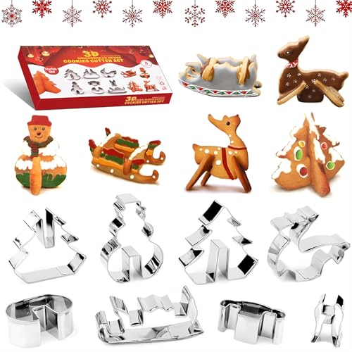 Veszoen 8 Stücke 3D Weihnachts Ausstechformen Weihnachtsausstecher Set Ausstechformen Klein Weihnachten Edelstahl Ausstecher Weihnachten für Weihnachtsschokolade, Keks, Fondant von Veszoen