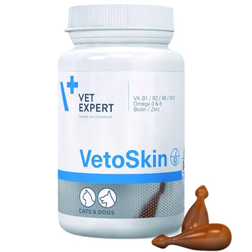 VetExpert VetoSkin 90 Kapseln für Hunde und Katzen, enthält Omega-3 und Omega-6 Fettsäuren zur Unterstützung von Fell und Haut von Vet Expert