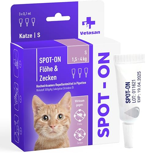 Vetasan Spot-ON für Katzen 1,5-4kg (S) | gegen Flöhe & Zecken | 3 Monate Schutz | ohne Chemie | Zeckenmittel für Katzen | Floh- und Zeckenschutz für Katzen von Vetasan